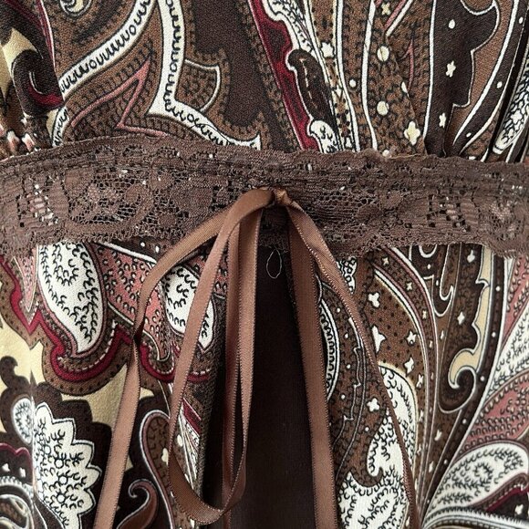 Vintage 90s Y2K Agenda Womens Paisley Floral Babydoll Top Brown Lace Trim Boho - Picture 3 of 8